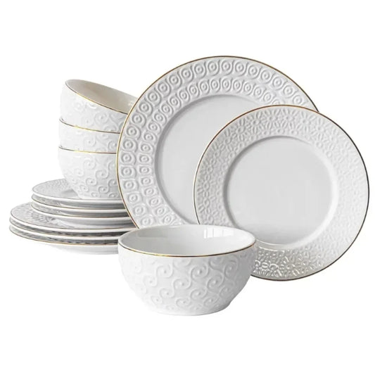 12 Piece Embossed White Stoneware Dinnerware Set