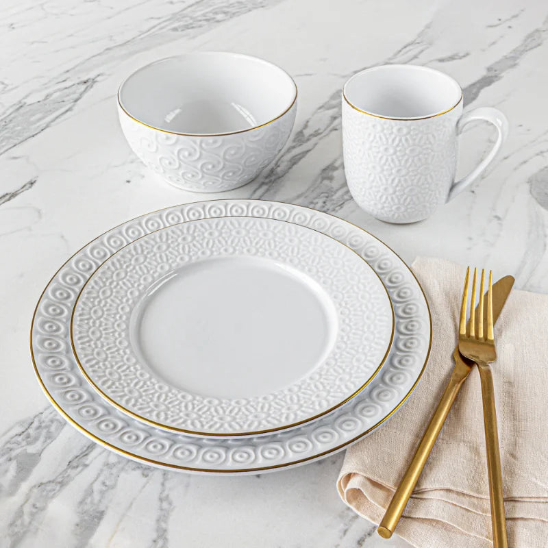 12 Piece Embossed White Stoneware Dinnerware Set