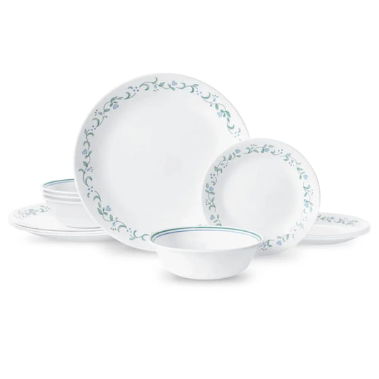 White and Green Round 12-Piece Dinnerware Set