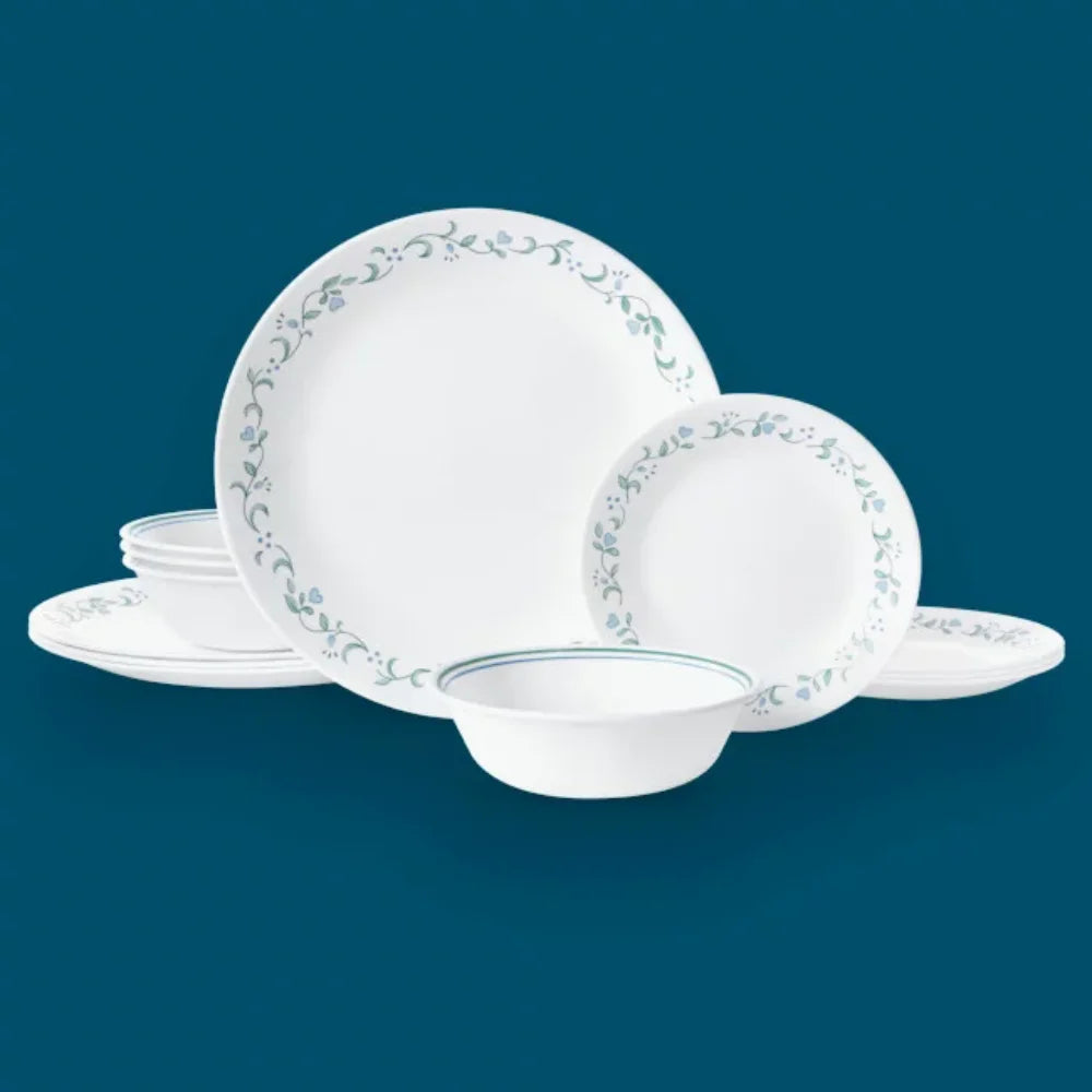 White and Green Round 12-Piece Dinnerware Set